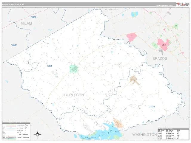 Burleson County, TX ZIP Code Wall Map, Classic style