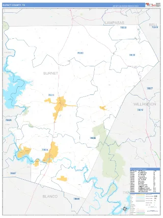 Burnet County, TX Business Reference style ZIP Code wall map