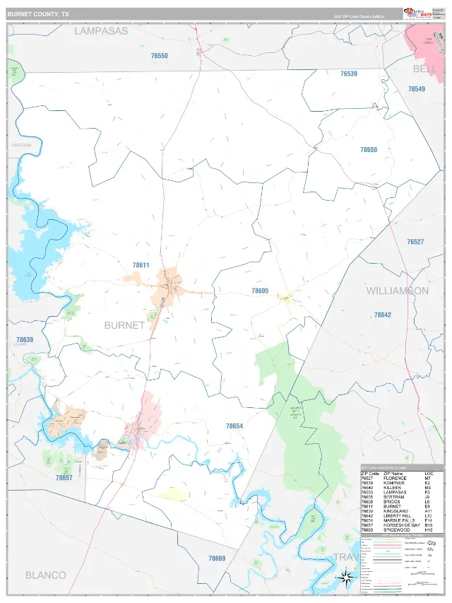 Burnet County, TX ZIP Code Wall Map, Classic style