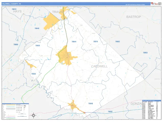 Caldwell County, TX ZIP Code Wall Map, Business Reference style