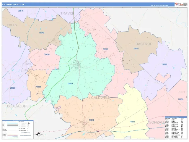 Caldwell County, TX ZIP Code Wall Map, ColorCast style