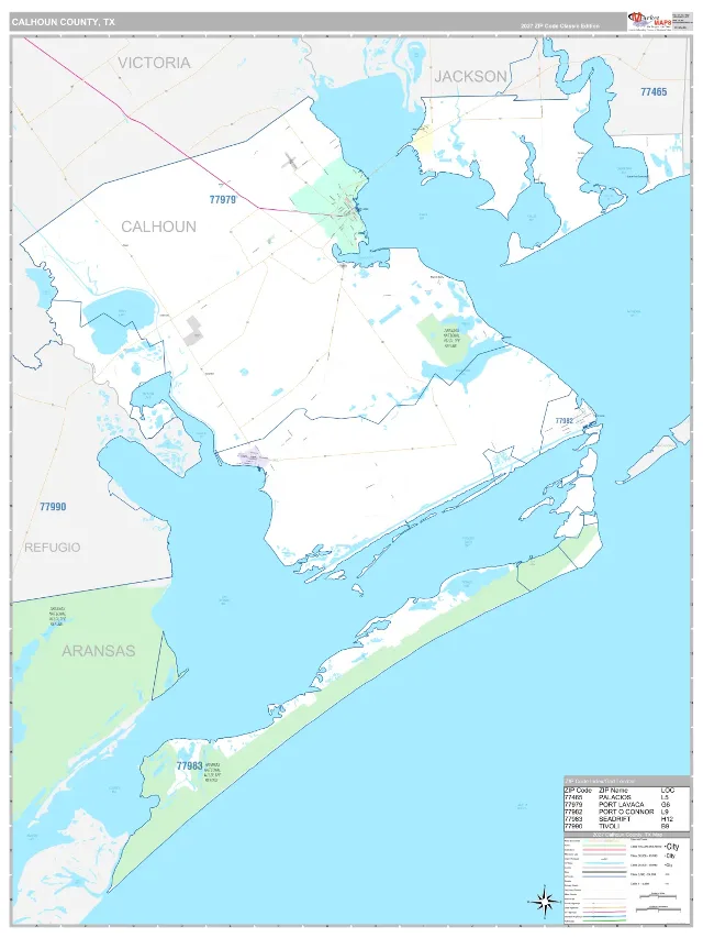 Calhoun County, TX ZIP Code Wall Map, Classic style