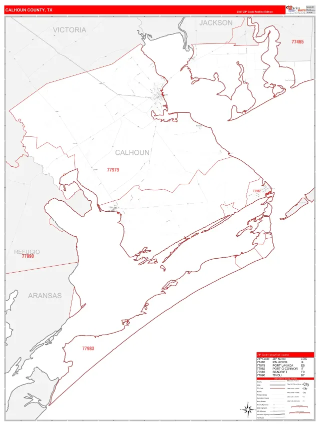 Calhoun County, TX ZIP Code Wall Map, RedLine style