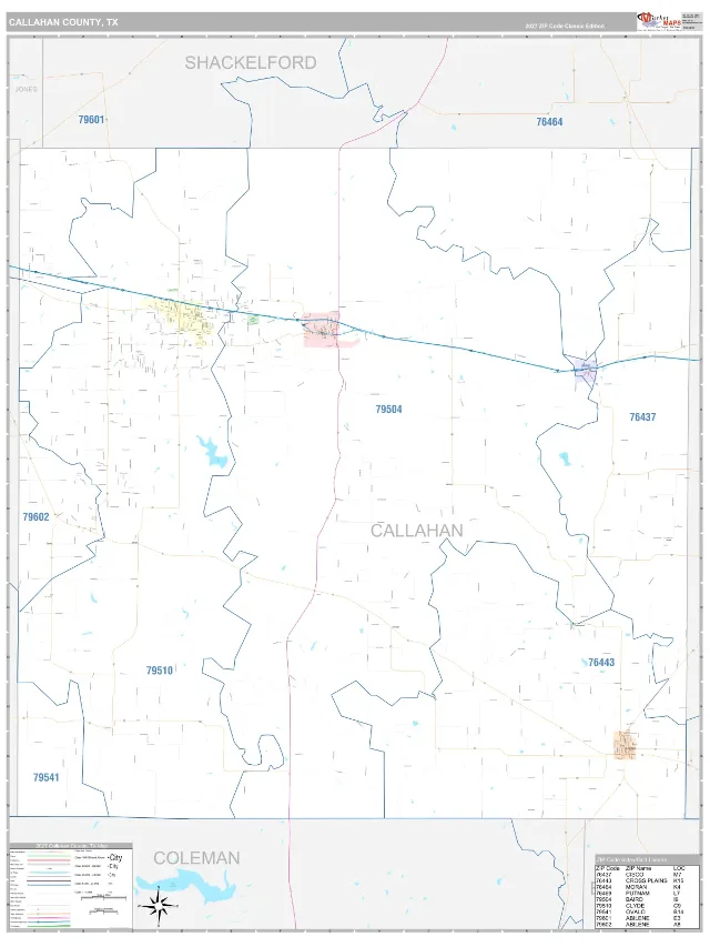 Callahan County, TX ZIP Code Wall Map, Classic style