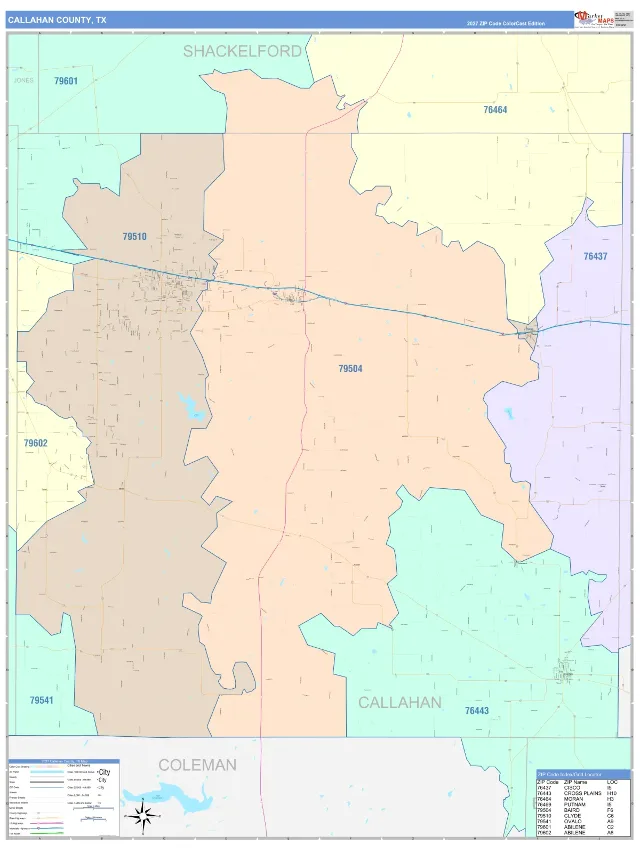 Callahan County, TX ZIP Code Wall Map, ColorCast style