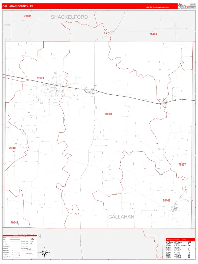 Callahan County, TX ZIP Code Wall Map, RedLine style