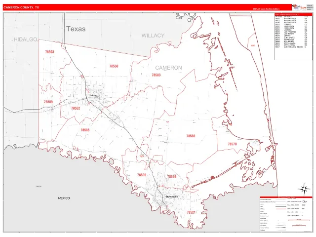 Cameron County, TX ZIP Code Wall Map, RedLine style