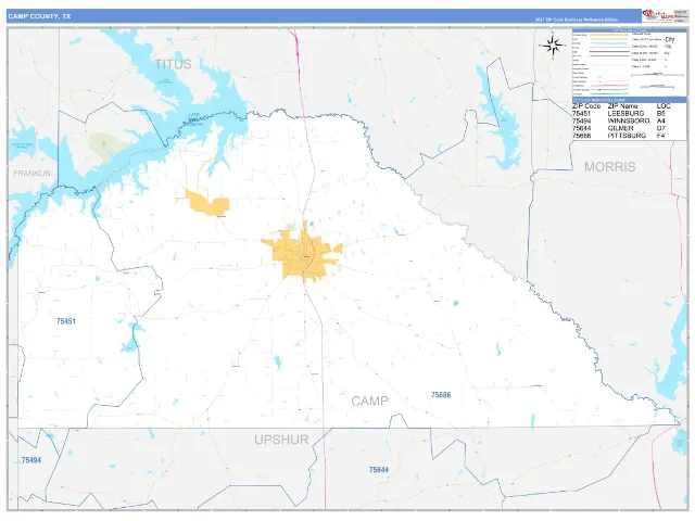 Camp County, TX ZIP Code Wall Map, Business Reference style