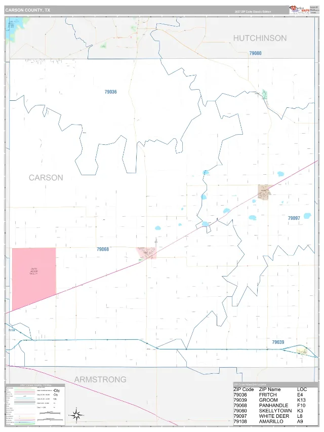 Carson County, TX ZIP Code Wall Map, Classic style