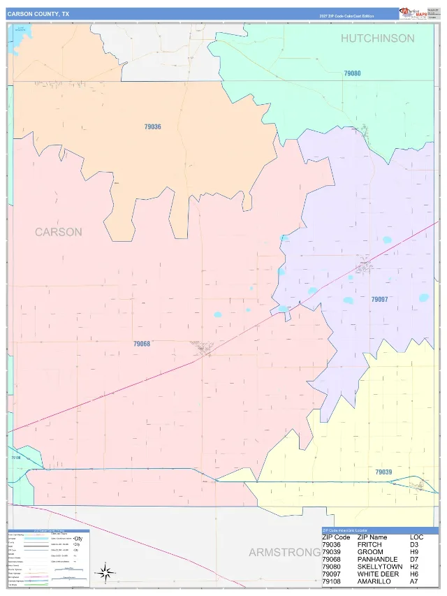 Carson County, TX ZIP Code Wall Map, ColorCast style