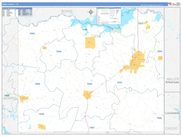 Cass County, TX ZIP Code Wall Map, Business Reference style