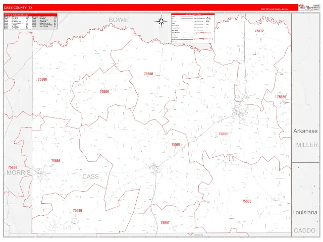 Cass County, TX ZIP Code Wall Map, RedLine style