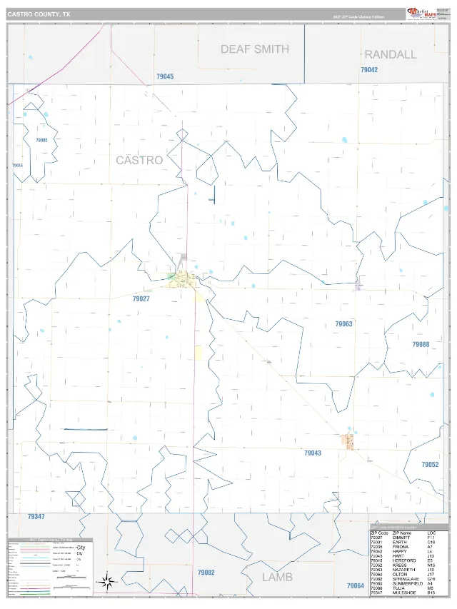 Castro County, TX ZIP Code Wall Map, Classic style