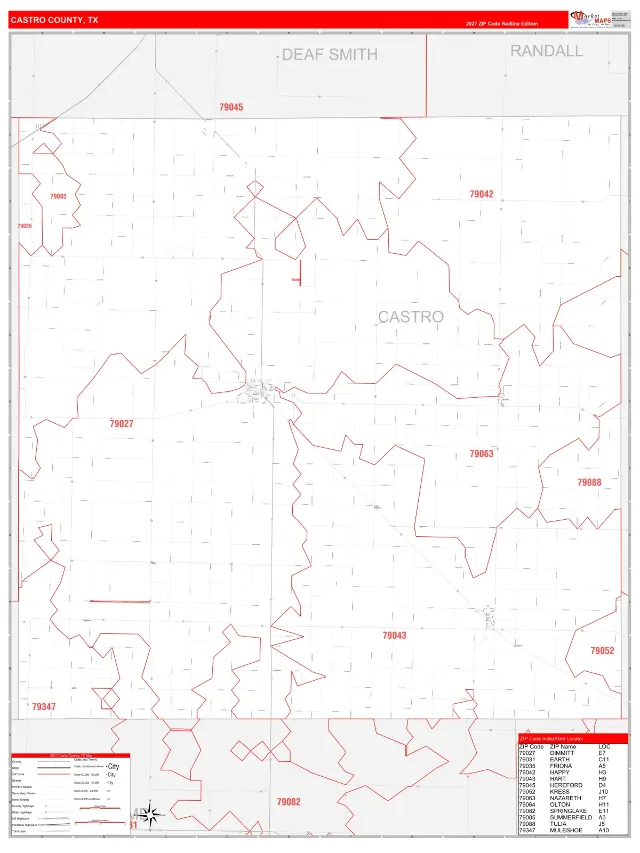 Castro County, TX ZIP Code Wall Map, RedLine style