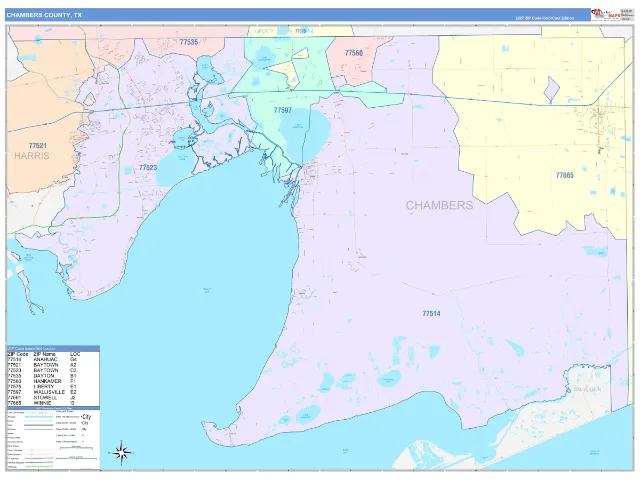 Chambers County, TX ZIP Code Wall Map, ColorCast style
