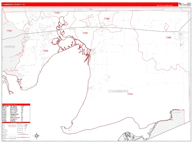 Chambers County, TX ZIP Code Wall Map, RedLine style