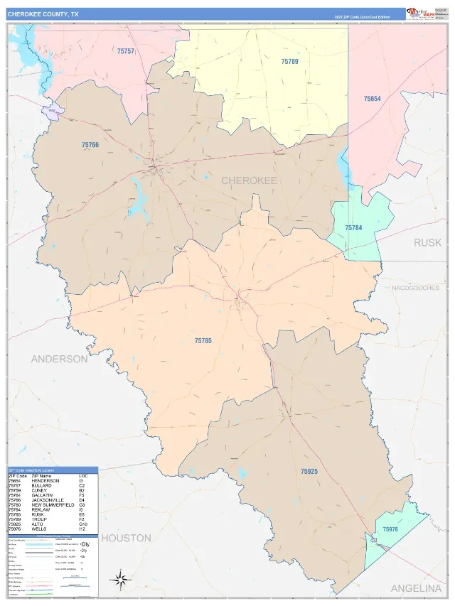 Cherokee County, TX ZIP Code Wall Map, ColorCast style