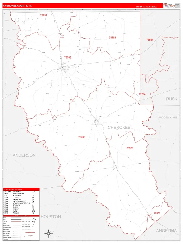 Cherokee County, TX ZIP Code Wall Map, RedLine style