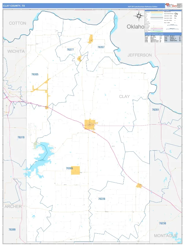 Clay County, TX ZIP Code Wall Map, Business Reference style