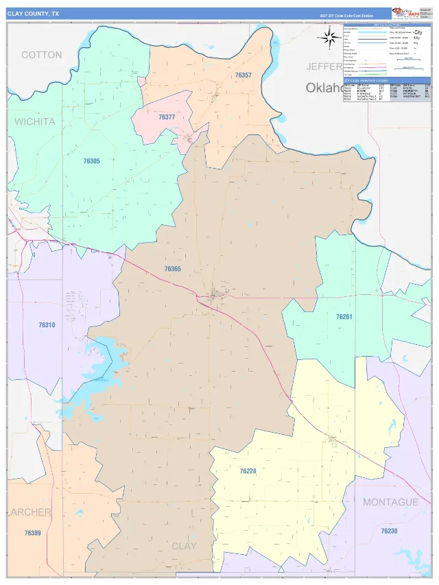 Clay County, TX ZIP Code Wall Map, ColorCast style