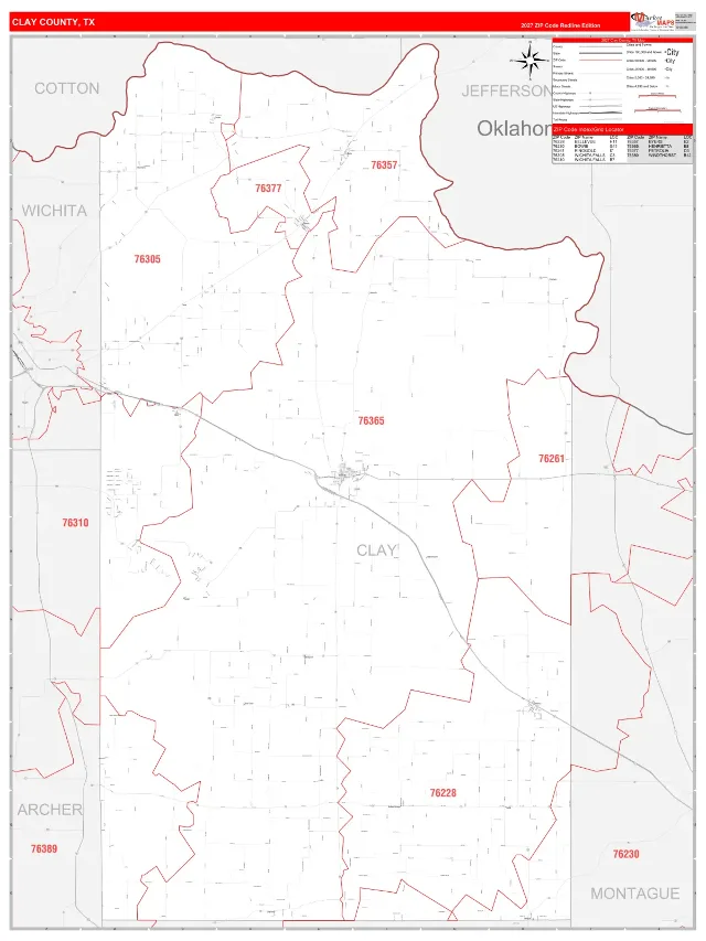 Clay County, TX ZIP Code Wall Map, RedLine style