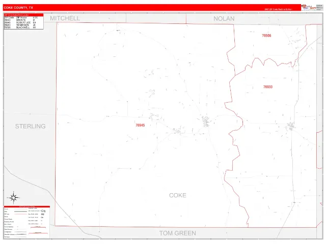 Coke County, TX ZIP Code Wall Map, RedLine style