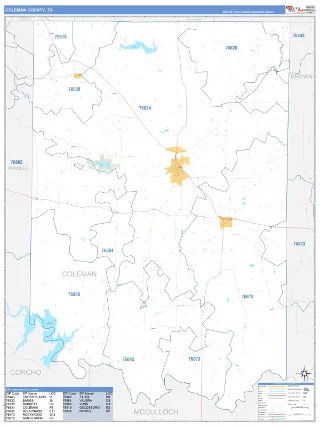 Coleman County, TX Business Reference style ZIP Code wall map