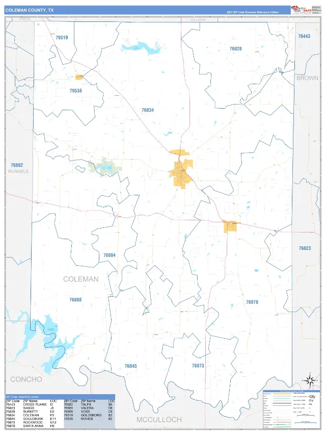 Coleman County, TX ZIP Code Wall Map, Business Reference style