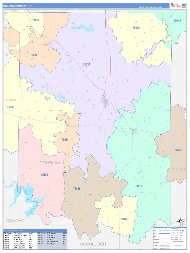 Coleman County, TX ZIP Code Wall Map, ColorCast style