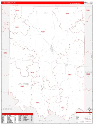 Coleman County, TX RedLine style ZIP Code wall map