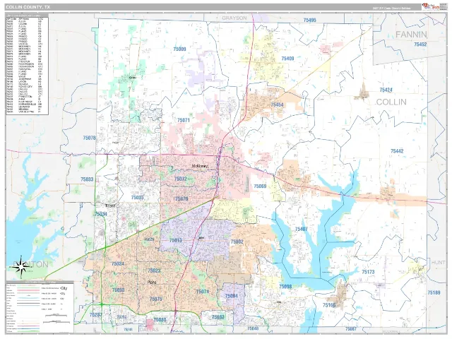 Collin County, TX ZIP Code Wall Map, Classic style