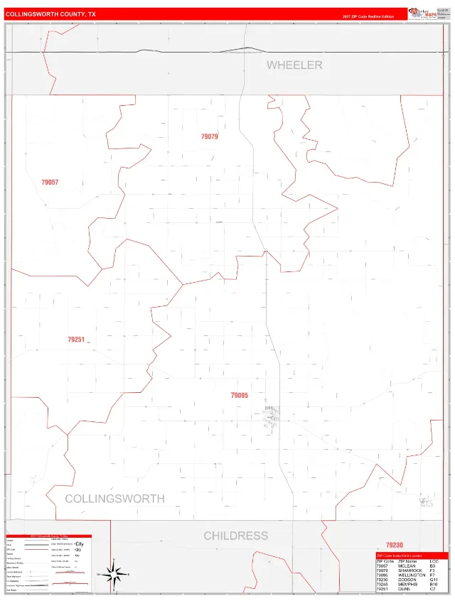 Collingsworth County, TX ZIP Code Wall Map, RedLine style