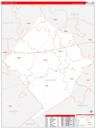 Colorado County, TX RedLine style ZIP Code wall map