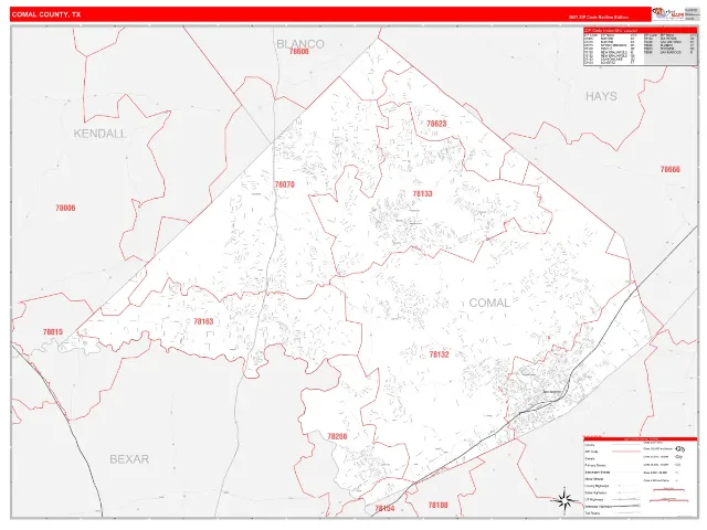 Comal County, TX ZIP Code Wall Map, RedLine style