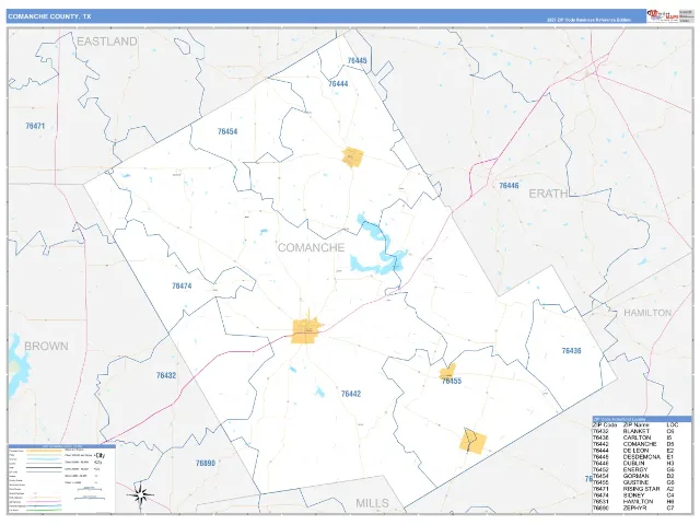 Comanche County, TX ZIP Code Wall Map, Business Reference style