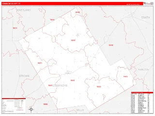 Comanche County, TX RedLine style ZIP Code wall map