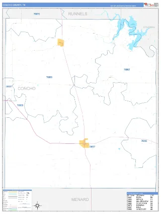 Concho County, TX Business Reference style ZIP Code wall map