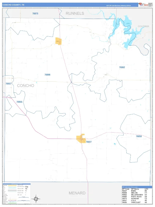 Concho County, TX ZIP Code Wall Map, Business Reference style