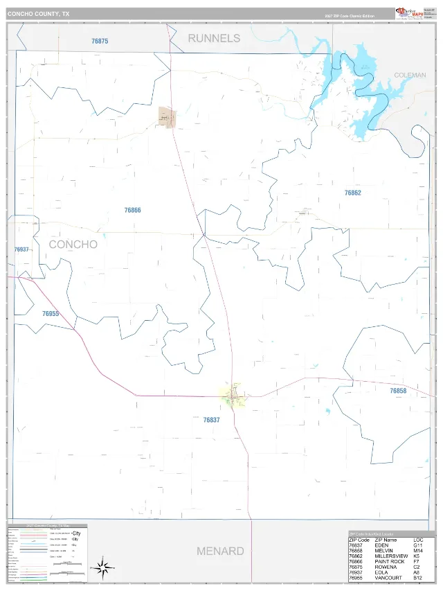 Concho County, TX ZIP Code Wall Map, Classic style