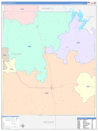 Concho County, TX ColorCast style ZIP Code wall map