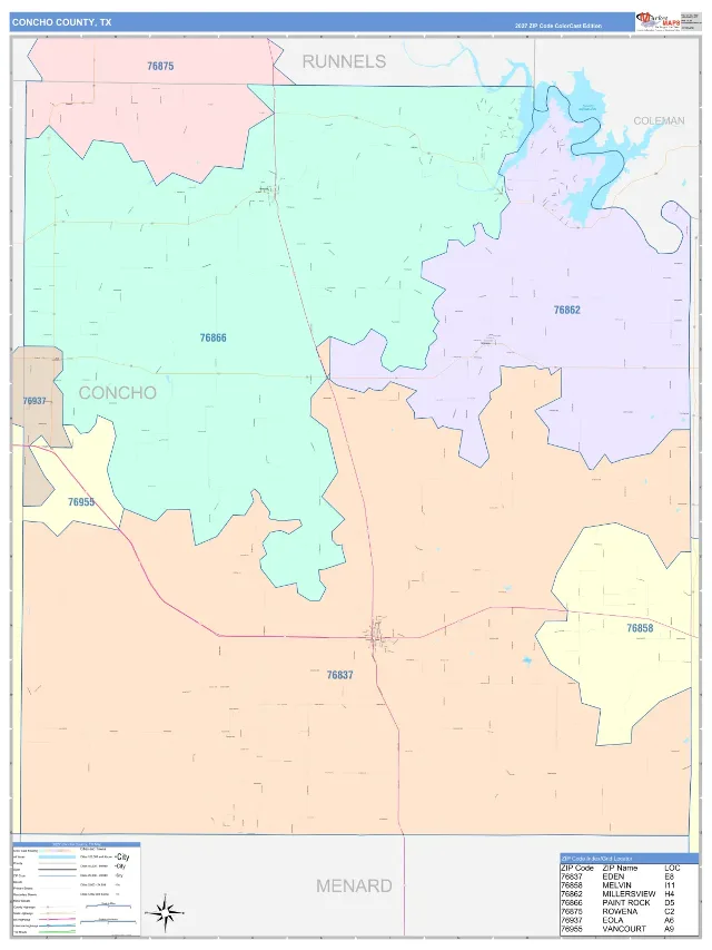 Concho County, TX ZIP Code Wall Map, ColorCast style