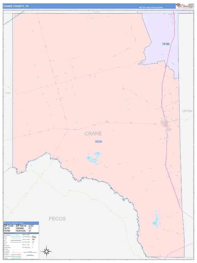 Crane County, TX ZIP Code Wall Map, ColorCast style