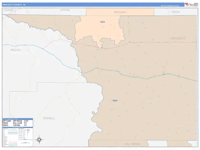 Crockett County, TX ZIP Code Wall Map, ColorCast style