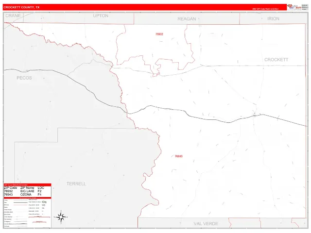 Crockett County, TX ZIP Code Wall Map, RedLine style