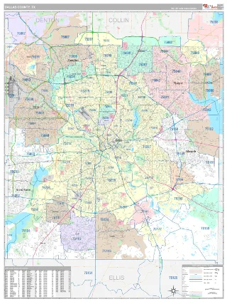 Dallas County, TX Classic style ZIP Code wall map