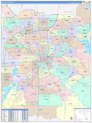 Dallas County, TX ColorCast style ZIP Code wall map