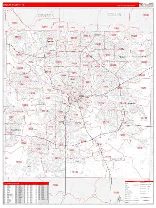 Dallas County, TX RedLine style ZIP Code wall map