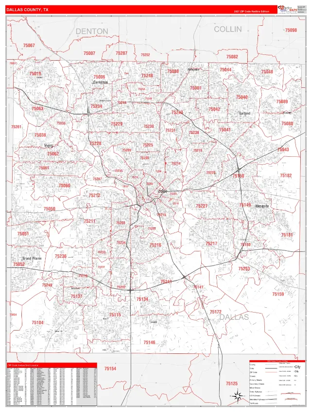 Dallas County, TX ZIP Code Wall Map, RedLine style