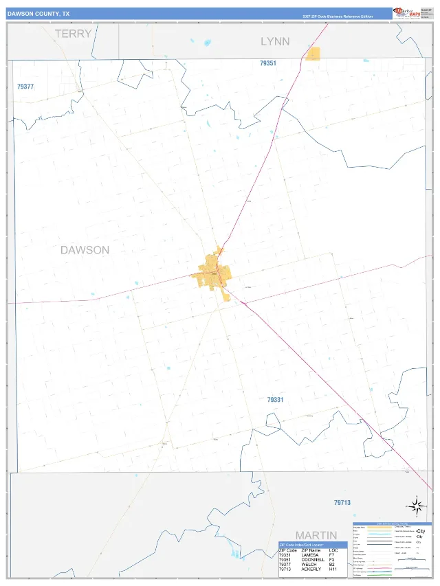 Dawson County, TX ZIP Code Wall Map, Business Reference style