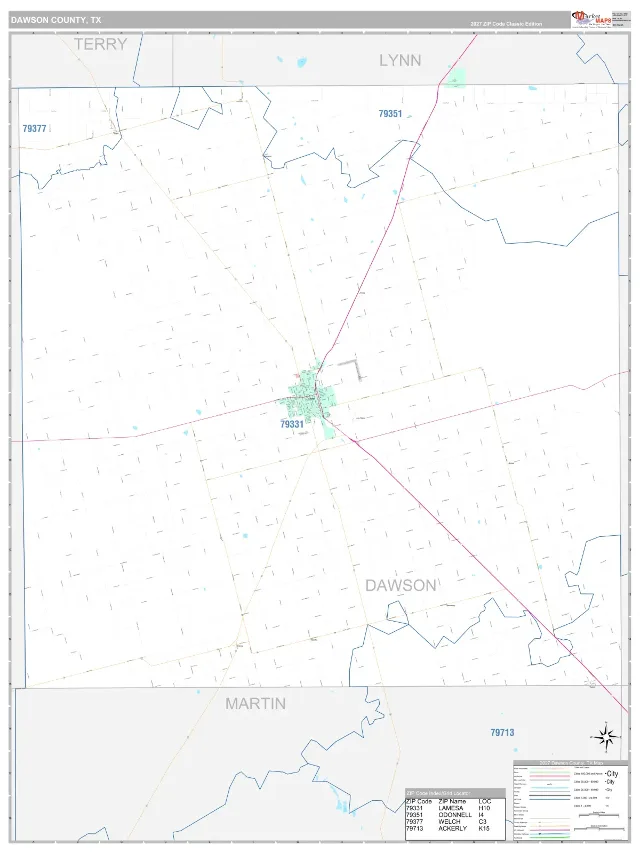 Dawson County, TX ZIP Code Wall Map, Classic style